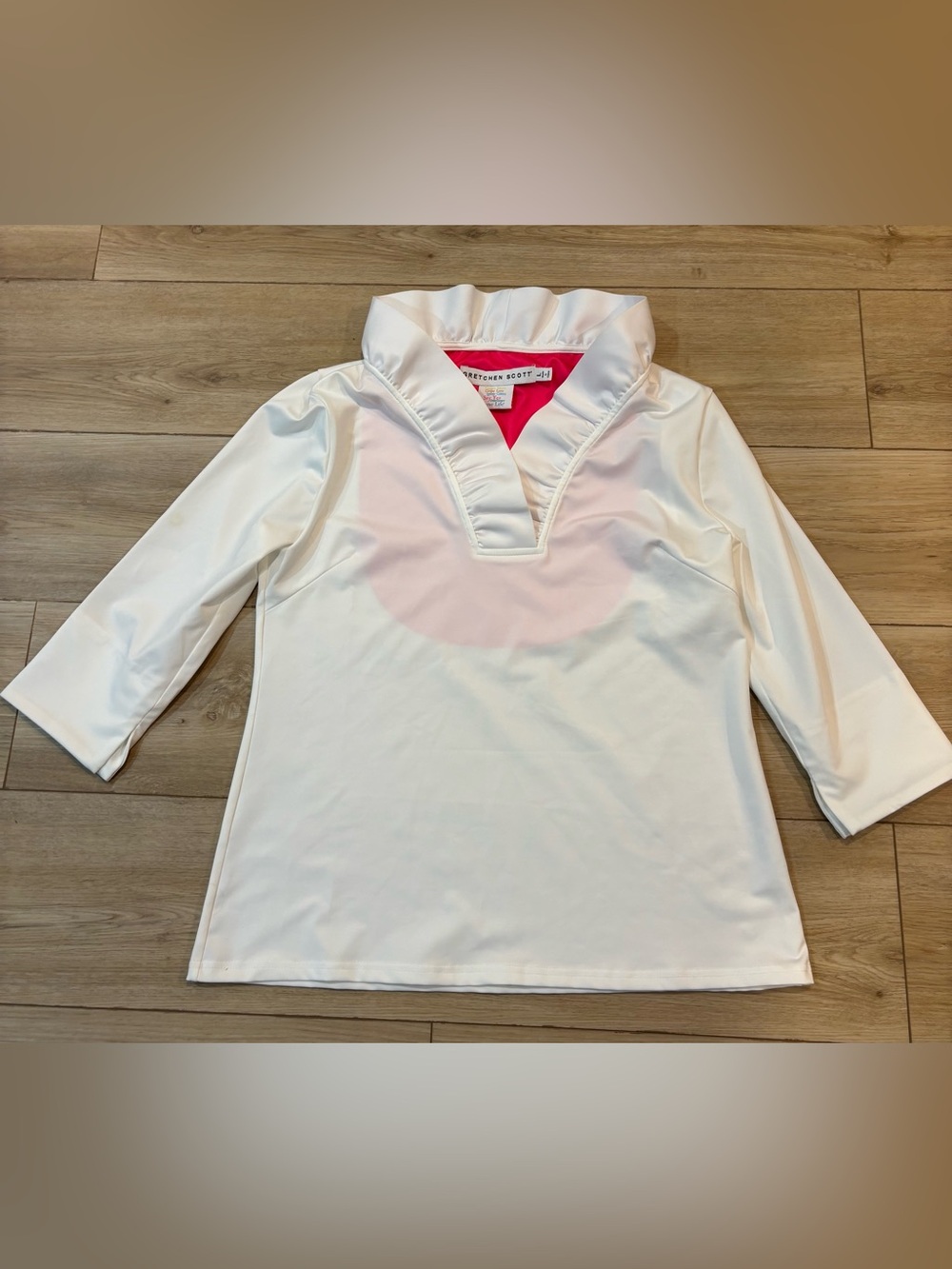 Gretchen Scott Designs solid white 3/4 sleeve V-Neck Ruffle Sleeve Top large l